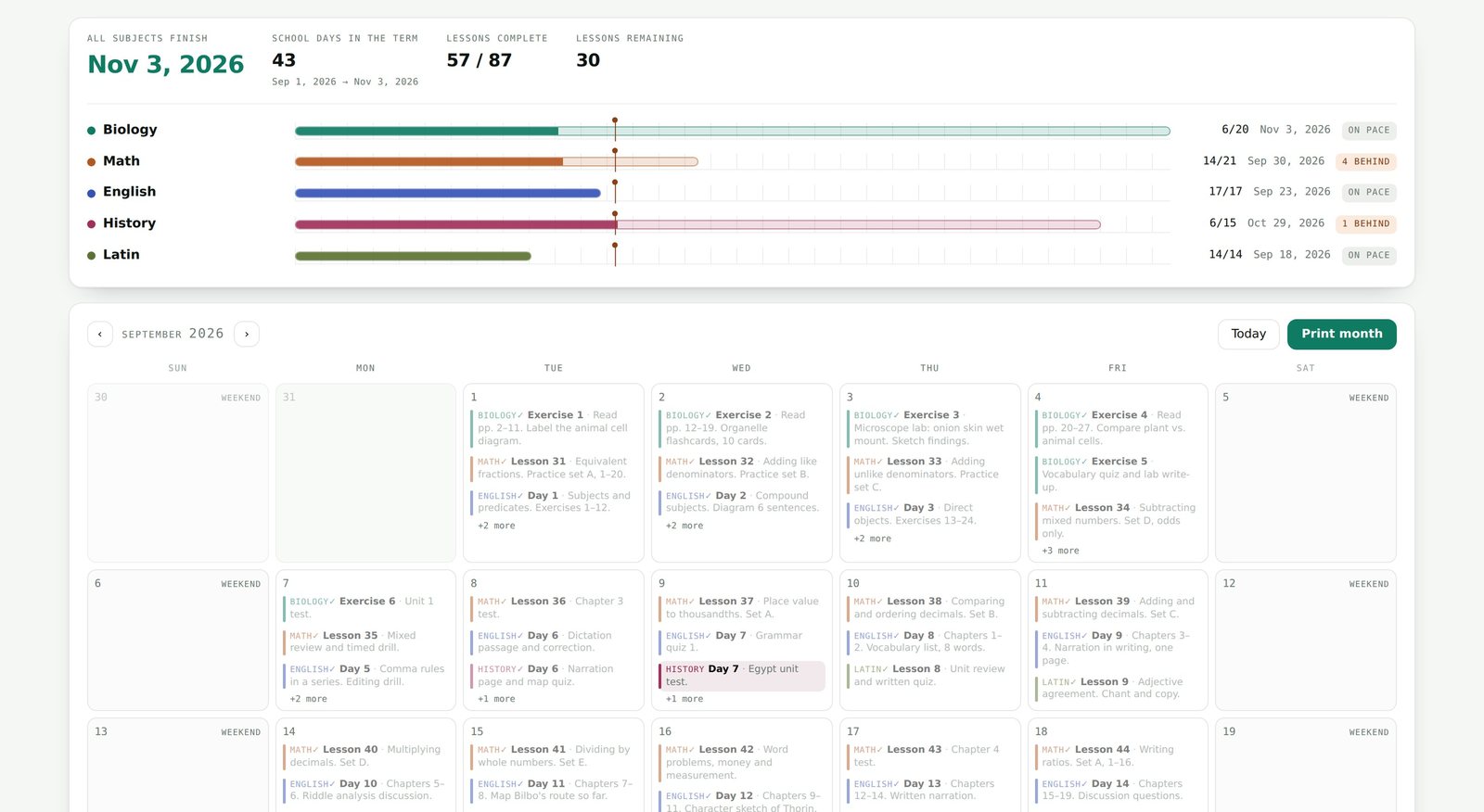 Teaching Pace calendar view showing five subjects on a month grid with progress bars