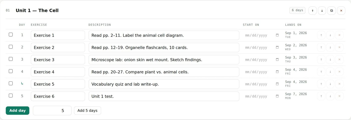 Curriculum editor showing Biology unit 1 with day rows, descriptions, and the date each lands on